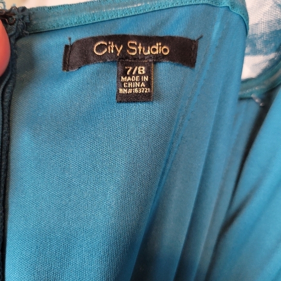 NWT City Studio Junior Ruffle-Neck Ruched Trim Gown in Teal Size 7/8 - Picture 9 of 9